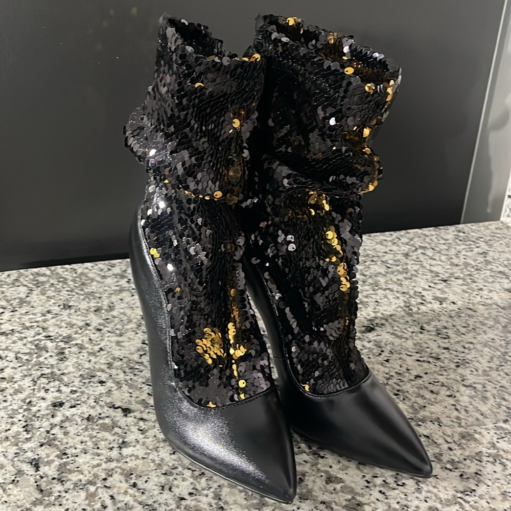 LILIANA SLOUCH SEQUIN POINTY BOOT SIZE 7 1/2 Black Gold. 4.5 inch heel Stilettos - Picture 14 of 17